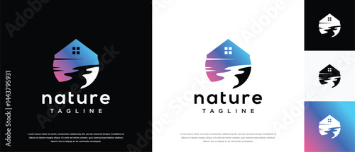 River house logo design. Nature house logo template. House logo symbol icon with river