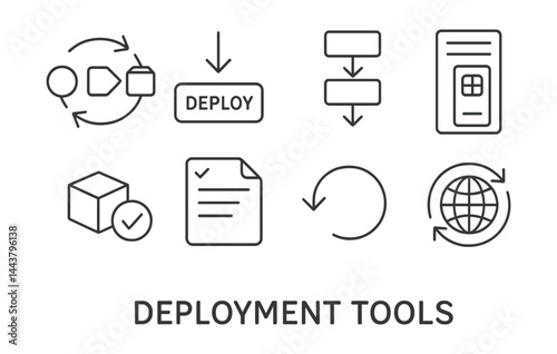 Line vector icons of deployment tools: CI/CD flow, deploy button, build pipeline, staging server, production icon, version log, rollback option, live update.