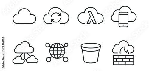 Line vector icons of cloud services: cloud icon, cloud sync, serverless function, cloud app, multi-cloud, CDN service, storage bucket, cloud firewall.