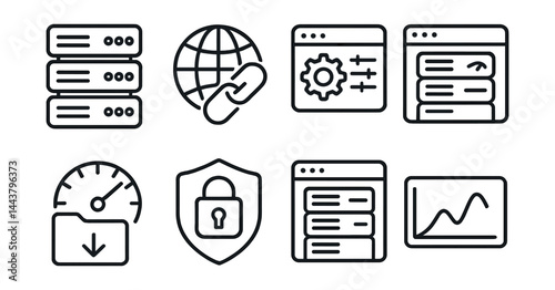 Line vector icons of web hosting: hosting server, domain link, FTP icon, control panel, uptime meter, SSL cert, server dashboard, bandwidth graph.