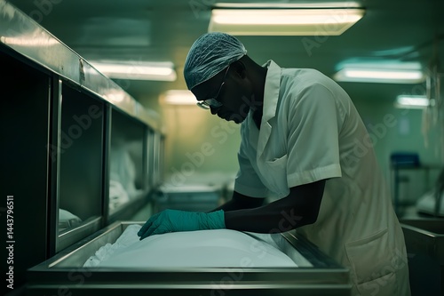 The process is silent, orderly with every injection, every stitch, carried out by the embalmer with full concentration and empathy. Here, between the stiff body and the departed soul, humanity lives