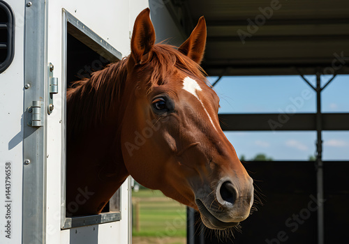 A majestic chestnut horse with a white blaze looks out from the trailer window on a sunny day.
