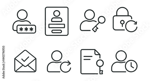 Line vector icons of user authentication flows: login icon, signup screen, forgot password, password reset, email verification, auth redirect, token storage, session icon.