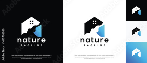 River house logo design. Nature house logo template. House logo symbol icon with river