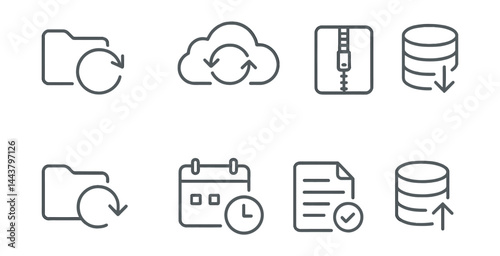 Line vector icons of website backup: backup icon, cloud sync, file archive, database dump, restore icon, backup schedule, backup log, data version.
