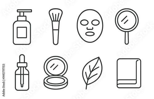 Line vector icons of beauty and skincare: lotion bottle, makeup brush, face mask, mirror icon, dropper serum, compact case, wellness leaf, spa towel.