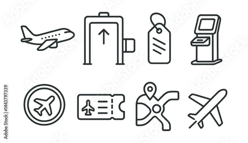 Line vector icons of airport and travel: airplane icon, boarding gate, luggage tag, check-in kiosk, passport stamp, seat ticket, terminal map, airplane mode.