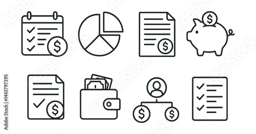 Line vector icons of personal finance: budget planner, pie chart, bill payment, savings icon, loan form, wallet cash, account icon, expense list.
