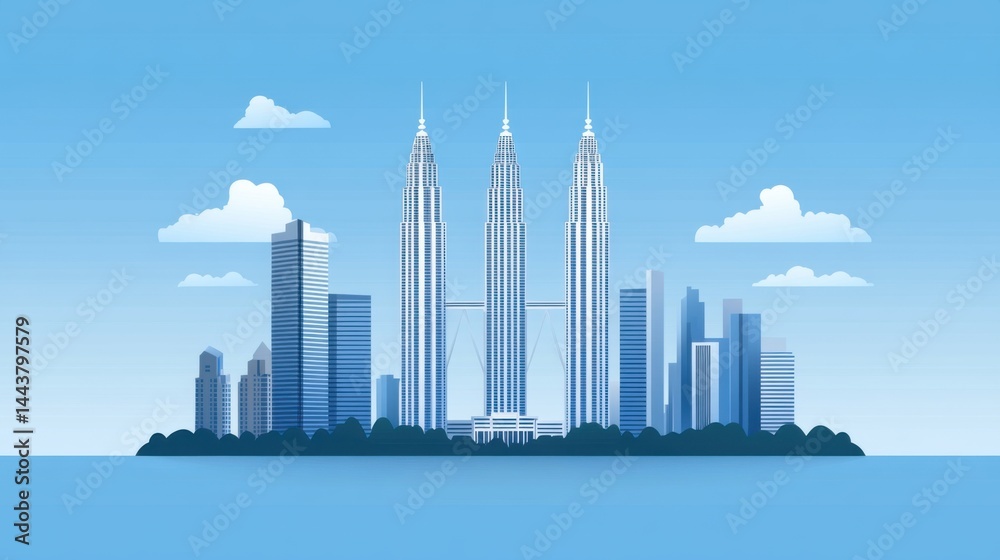 Iconic City Skyline with Modern Skyscrapers and Clear Blue Sky