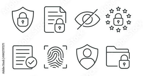 Line vector icons of data privacy: lock shield, encrypted file, private mode, GDPR icon, consent form, fingerprint scanner, protected user, secure folder.