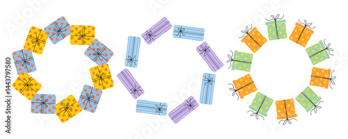 Colorful gift boxes arranged in circular patterns for festive celebrations and events