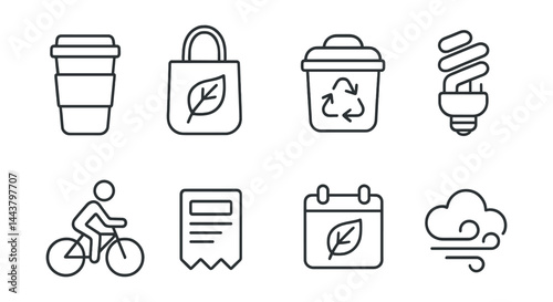 Line vector icons of sustainability habits: reusable cup, zero waste bag, compost bin, energy saver, bike commute, digital receipt, eco challenge, clean air icon.