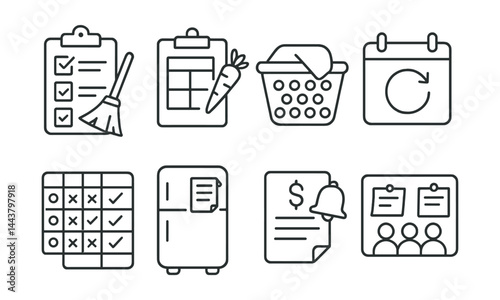 Line vector icons of household management: cleaning checklist, grocery plan, laundry basket, calendar sync, chore chart, fridge list, bill reminder, family board.