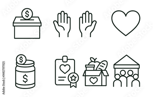 Line vector icons of charity services: donation box, helping hands, heart symbol, food drive, fundraising jar, volunteer badge, care package, charity event.