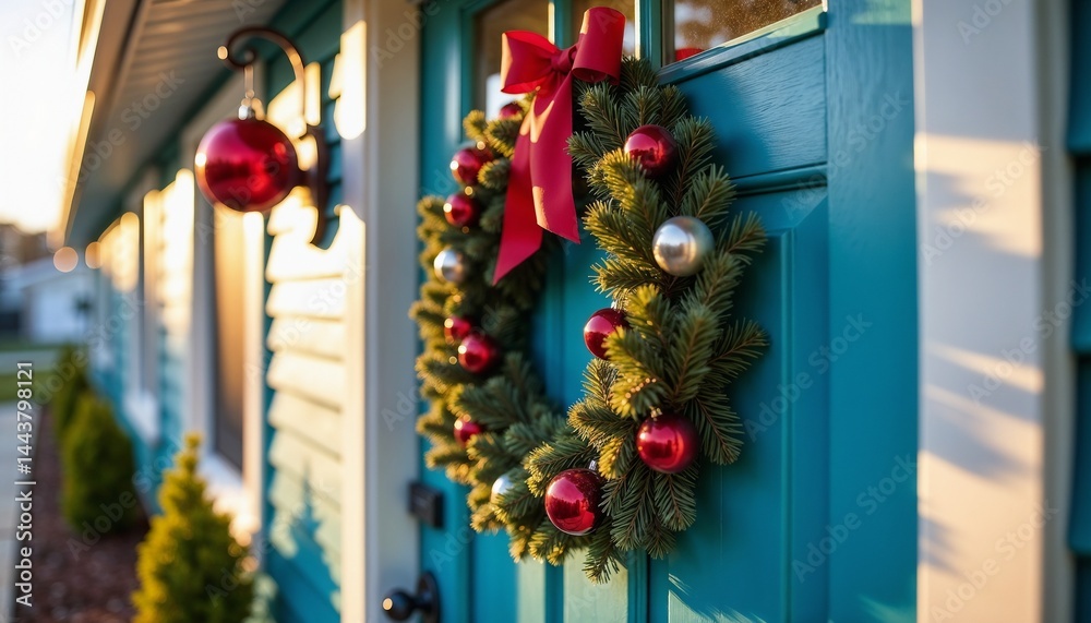 Fototapeta premium Rustic Christmas Wreath close-up in natural tones representing holiday decoration against a blurred colourful street