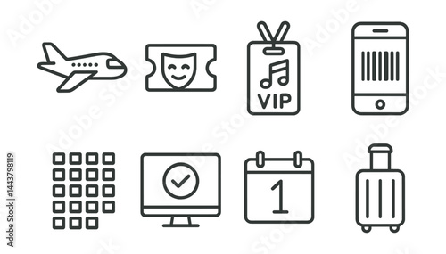 Line vector icons of ticket booking: airplane icon, theater ticket, concert pass, mobile barcode, seating chart, confirmation screen, calendar date, travel bag.