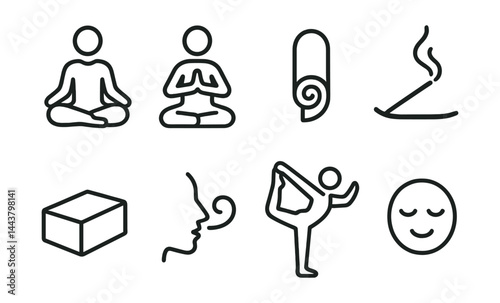 Line vector icons of yoga poses and tools: lotus pose, meditation icon, mat roll, incense stick, yoga block, breath icon, flexibility symbol, calming face.