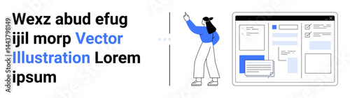 Woman analyzing digital wireframe layout with text blocks and image placeholders. Ideal for web design, UX planning, app prototyping, digital strategy, creative projects, interface design, simple