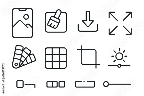 Line vector icons of mobile wallpapers and themes: wallpaper preview, theme icon, download arrow, screen size, color palette, grid layout, image crop, brightness slider.