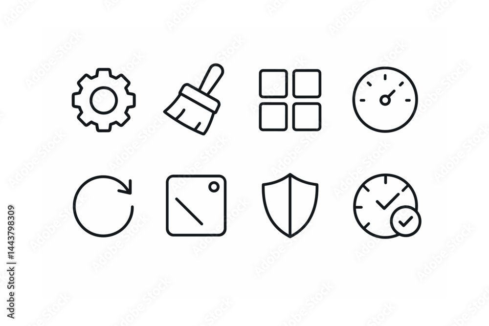 Line vector icons of system utilities: settings gear, cleaner brush, app manager, storage meter, update icon, background limiter, security scan, optimization icon.
