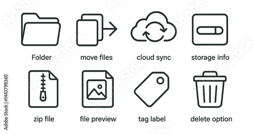 Line vector icons of file manager tools: folder icon, move files, cloud sync, storage info, zip file, file preview, tag label, delete option.