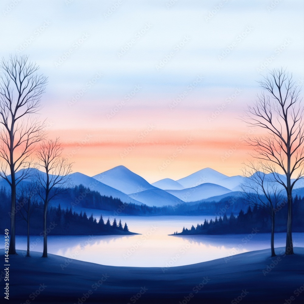 Serene Landscape at Sunrise with Mountains and Calm Water Reflections