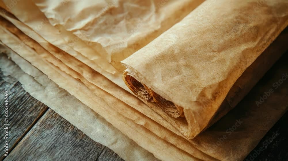 A stack of brown paper sheets sits atop a wooden table, perfect for note-taking or artistic expression