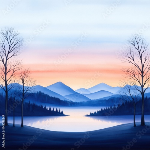 Obraz na płótnie Serene Landscape at Sunrise with Mountains and Calm Water Reflections w salonie