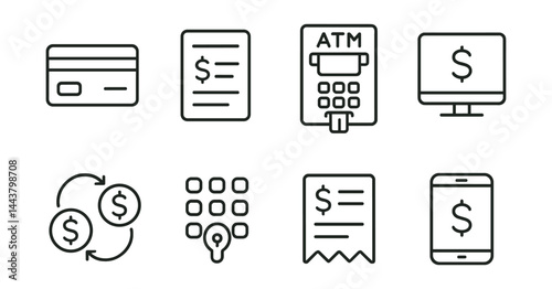 Line vector icons of banking apps: credit card, transaction list, ATM icon, balance check, transfer money, banking PIN, receipt icon, mobile bank.