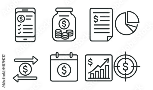 Line vector icons of personal finance: budget tracker, savings jar, expense list, pie chart, cashflow icon, payment due, income chart, money target.