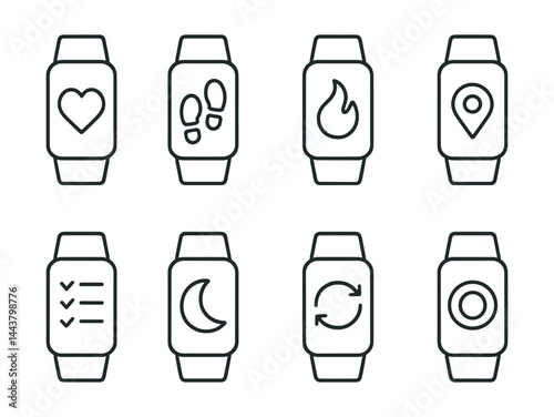 Line vector icons of fitness trackers: heart rate icon, step count, calorie burn, distance meter, workout log, sleep time, sync device, goal ring.