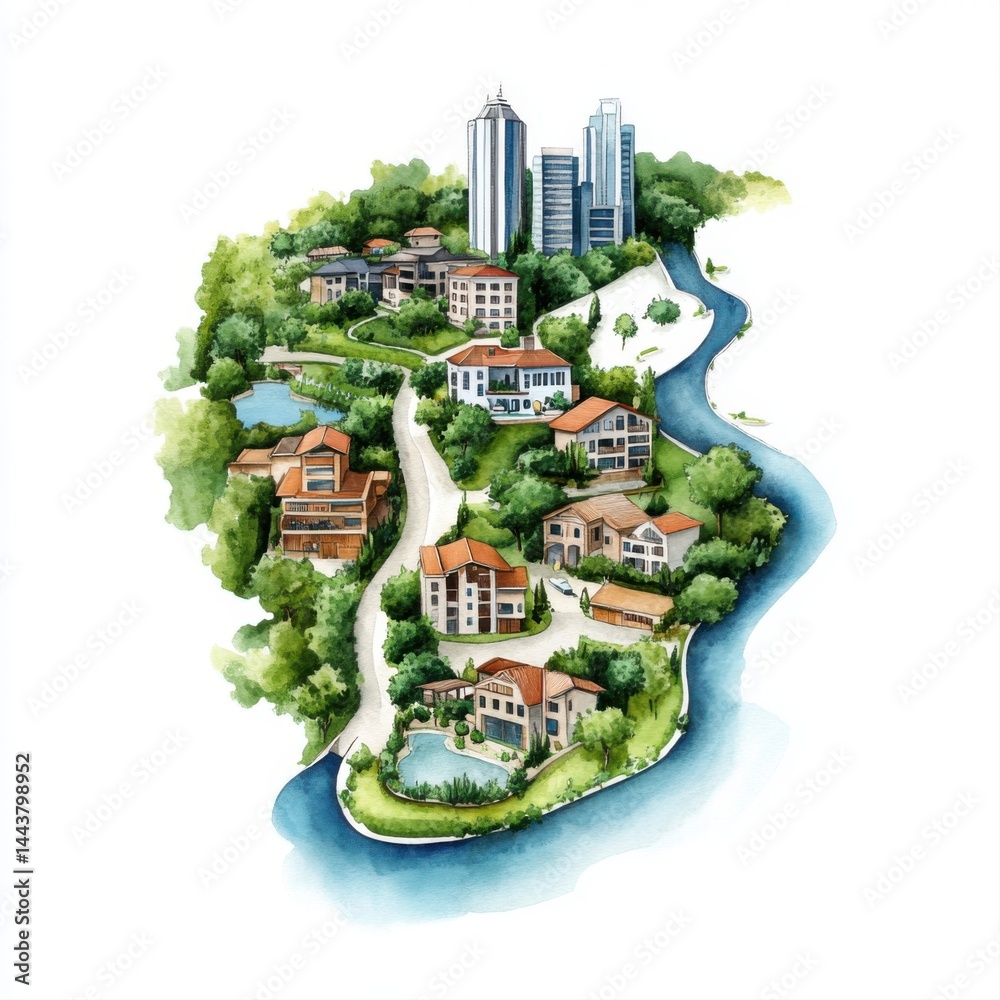 Aerial View of Residential Area Surrounded by Nature and Water Features
