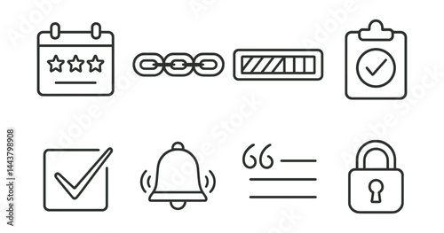 Line vector icons of habit building: daily streak, habit chain, progress bar, habit icon, completed task, reminder bell, motivational quote, goal lock.