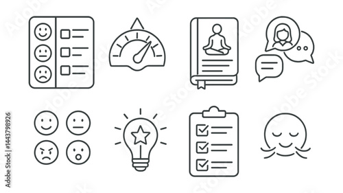 Line vector icons of mental health tools: mood tracker, stress scale, meditation log, therapist chat, emotion icons, coping tip, daily check-in, calm breath.