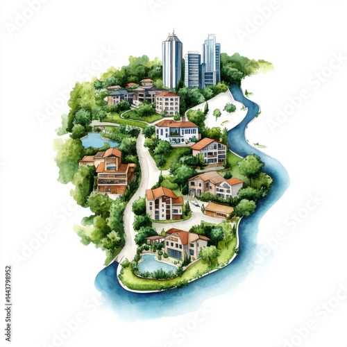 Obraz na płótnie Aerial View of Residential Area Surrounded by Nature and Water Features w salonie