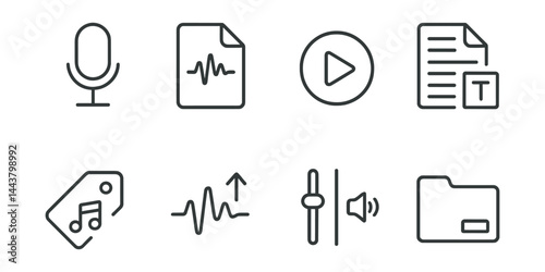Line vector icons of voice memo tools: mic record, audio file, play button, transcription icon, tag note, voice pitch, volume slider, archive folder.