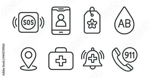 Line vector icons of emergency health tools: SOS button, emergency contacts, allergy tag, blood type icon, GPS location, first aid box, health alert, 911 call.