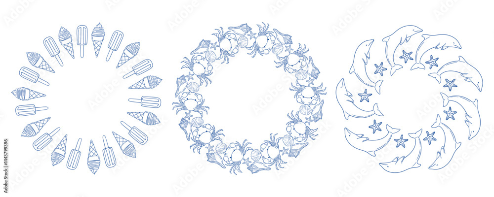 Decorative summer-themed wreaths featuring popsicles, crabs, and dolphins
