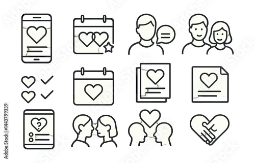 Line vector icons of relationship wellness tools: love tracker, date night icon, couple goals, communication tip, shared calendar, gratitude note, relationship quiz, bonding task.