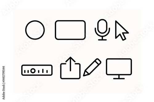 Line vector icons of screen recorder tools: record button, screen frame, mic toggle, cursor icon, video timeline, export icon, annotation tool, preview screen.