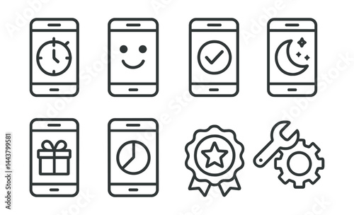 Line vector icons of kids screen safety: timer limit, kids mode, whitelist apps, bedtime mode, reward time, daily cap, learning badge, parent settings.