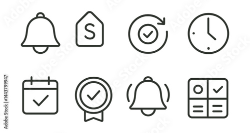 Line vector icons of smart reminders: bell icon, snooze button, recurring task, time alert, reminder note, checklist badge, reminder ring, task category.