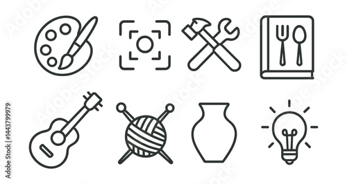 Line vector icons of creative hobby apps: art icon, camera frame, DIY tools, recipe book, instrument icon, knitting needle, pottery icon, idea bulb.