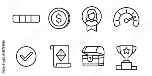 Line vector icons of gamified learning: level bar, coin icon, avatar badge, XP meter, challenge check, quest icon, unlock chest, leaderboard trophy.