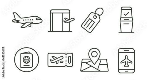 Line vector icons of airport and travel: airplane icon, boarding gate, luggage tag, check-in kiosk, passport stamp, seat ticket, terminal map, airplane mode.