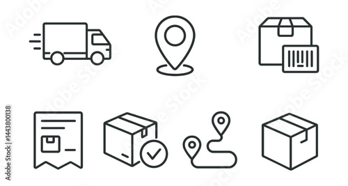 Line vector icons of delivery tracking: delivery truck, location pin, estimated time, package scan, shipping label, order confirmed, courier route, package icon.