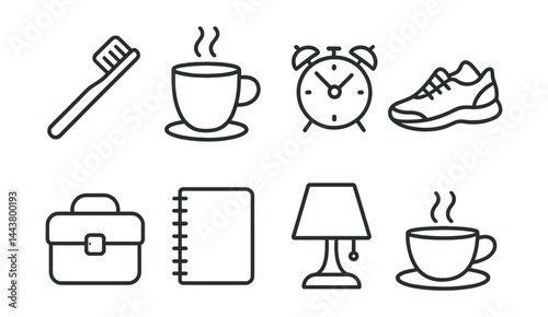 Line vector icons of daily routine: toothbrush, coffee cup, alarm clock, workout shoes, lunchbox, notebook icon, bedtime lamp, evening tea.