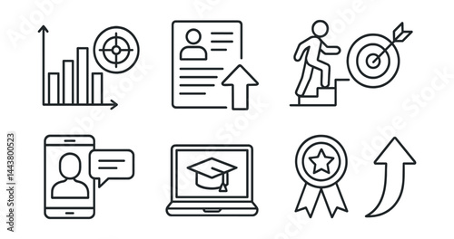 Line vector icons of career development: skills chart, resume update, career ladder, goal setting, mentorship call, online course, achievement badge, promotion arrow.