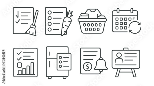 Line vector icons of household management: cleaning checklist, grocery plan, laundry basket, calendar sync, chore chart, fridge list, bill reminder, family board.