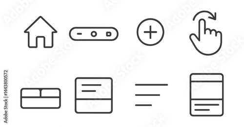 Line vector icons of mobile interface design: home button, bottom nav, floating action button, gesture icon, tab bar, card component, drawer menu, app layout.